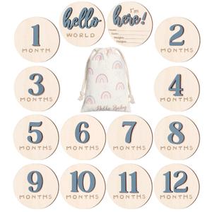 7 Pack 3D Baby Monthly Milestone Card Signs Baby Announcement Sign Double Sided Hello World Newborn Signs Wooden Circles Discs for Welcome Newborn Boy Girl Photo Props(Slate Blue,Number)