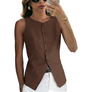 Women's Linen Waistcoat Slim Fit 5 Button V-Neck Dressy Suit Vest (X-Large, Brown)