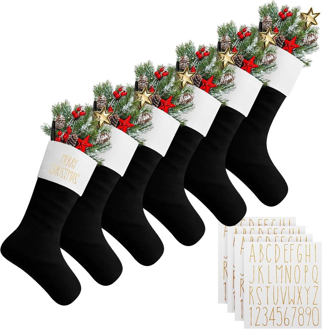 Tatuo 6 Pack Christmas Burlap Stockings Large 18" Xmas Stockings Christmas Hanging Decorations Tree Decor Xmas Party Supplies with 6 Sheet Letter Self Adhesive Vinyl Sticker (Black)