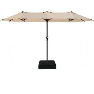 Kingdura 15ft Large Patio Umbrella with Solar Lights, Double-Sided Rectangle Lighted Outdoor Table Umbrella with Base Included, 12 Reinforced Ribs, 48 Led Lights, Crank Lift for Market Pool Deck Backyard, Beige