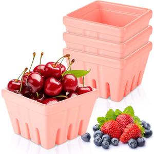 DALAVE 4 Pack Ceramic Berry Basket Pink 4.3 inch Ceramic Berry Bowl With Holes Square Kitchen Fruit Basket Berrys Colander for Veggie, Berries, Fruits, Home Decor