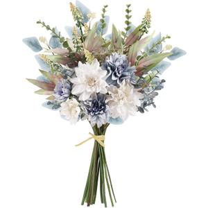 Fake Artificial Flowers Bouquet for Decoration, Silk Floral Arrangements Faux Flowers Plant Wedding Bride Bouquets Tables Centerpieces for Rustic Home Decor Indoor Vase Floral Table Decor (Blue White) (1PCS)