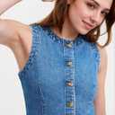 Women's Denim Vest Sleeveless Button Down Casual Jean Crewneck Waistcoat Denim Top (L)