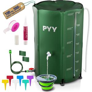 PYY Rain Water Collection Barrel - 100 Gallon Green Large Water Storage Tank with Spigots, Portable Rain Catcher to Collect Rainwater from Gutter, Plastic Rain Catchment System with Collapsible Bucket
