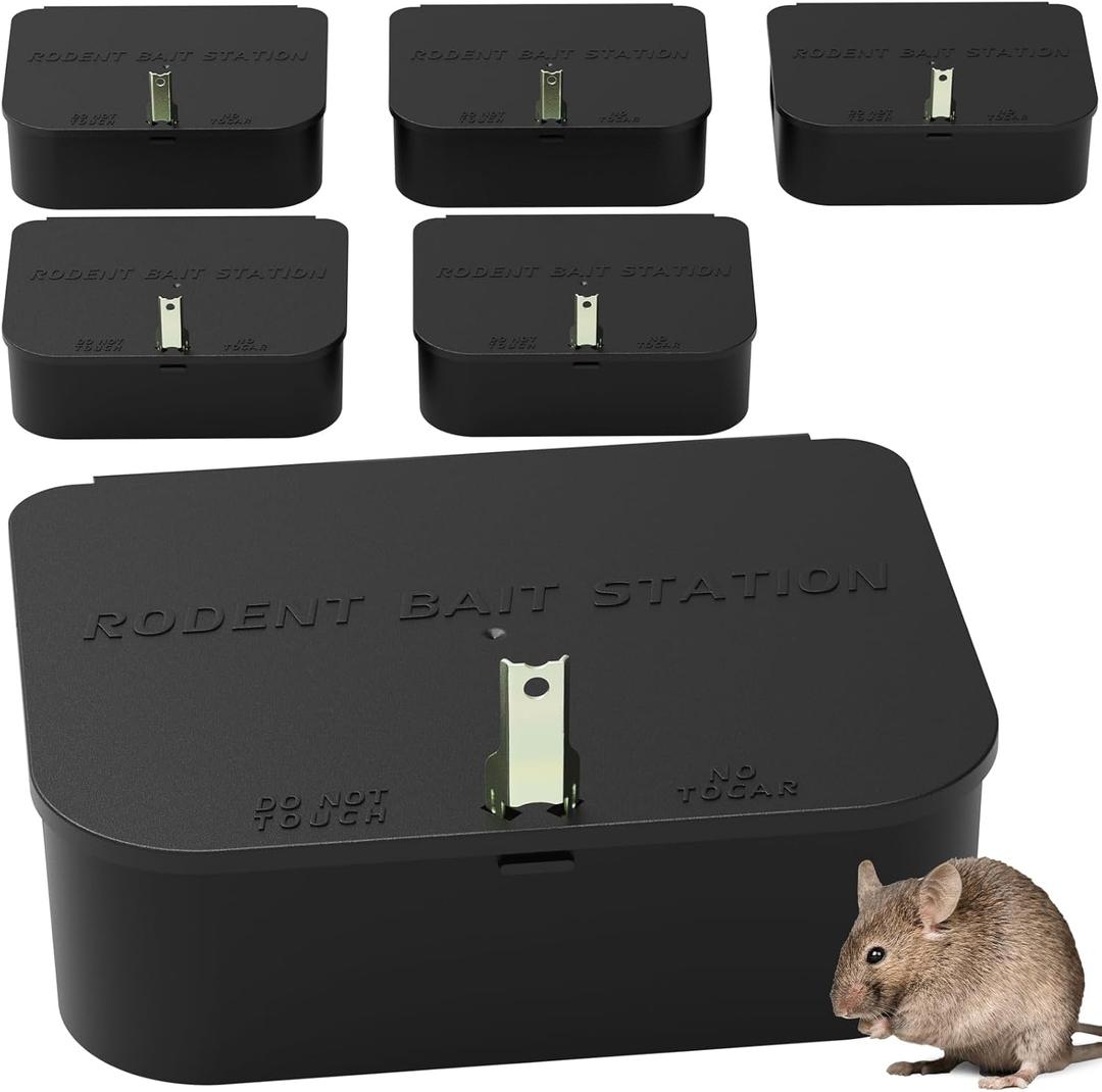 Rat Station Box with 1 Key, Complete Rodent Solution Keeps Rats Away, Pet & Child-Safe, Reusable & Long-Lasting, Indoor & Outdoor, 6 Pack (Black)