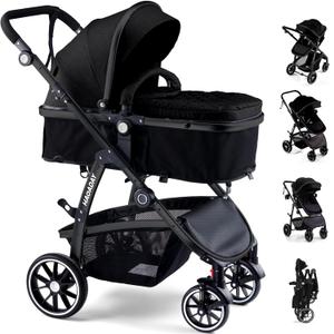 Baby Stroller, 2-in-1 Reversible Toddler Seat with Lie-Flat Mode, Foldable Infant Stroller with Canopy, One Button Brake, Adjustable Handle, Newborn Pushchair (Black B)