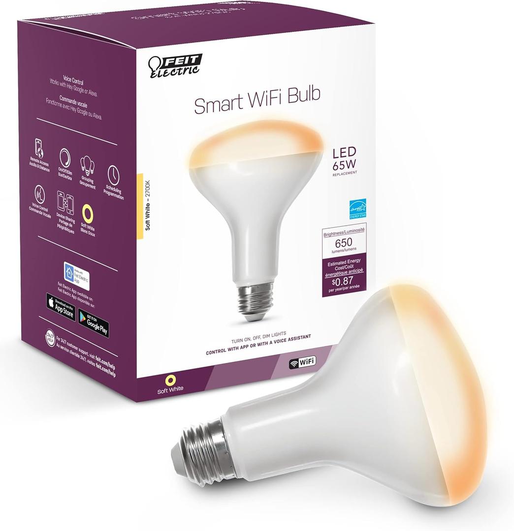 Feit Electric BR30/927CA/AG 65W Equivalent WiFi Dimmable, No Hub Required, Alexa Google Assistant BR30 Smart LED Light Bulb, 5" H x 3.72" D, 2700K Soft White (1 Count (Pack of 1))