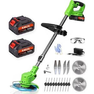 Electric Weed Wacker Cordless, 21V Weed Cordless Eater, 4 in 1 Lightweight Stringless Brush Cutter, with 2 Pcs 4.0 Ah Battery Grass Trimmer, 4 Types Blades for Yard Clearing (Green)