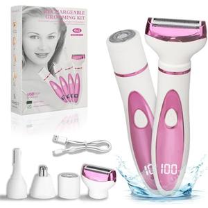 Beanify Electric Razor for Women Men, 4 in 1 Painless Ladies Wet & Dry Body Razors and Facial Hair Remover, Rechargeable Led Display Hair Removal Kit for Nose Face Body Leg Bikini Arm Hair (Pink)