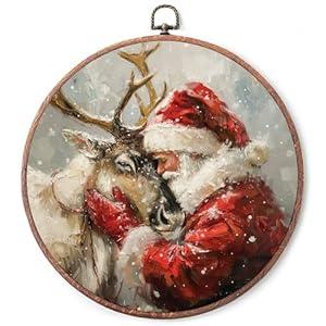 IDUXIY Vintage Christmas Wall Art Decor, Retro Santa Reindeer Canvas Print Round Wall Hanging Decor, Framed, 10x10 Inch.(126)