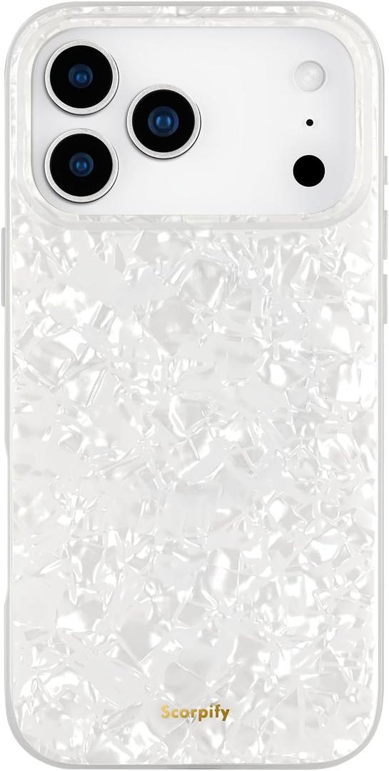 SCORPIFY for iPhone 17 Pro Max Case [Compatible with MagSafe] with White Pearl Design, Cute Clear Magnetic Phone Cover for Women Girls and Men, Slim Bumper with Mother of Pearl Shell Pattern