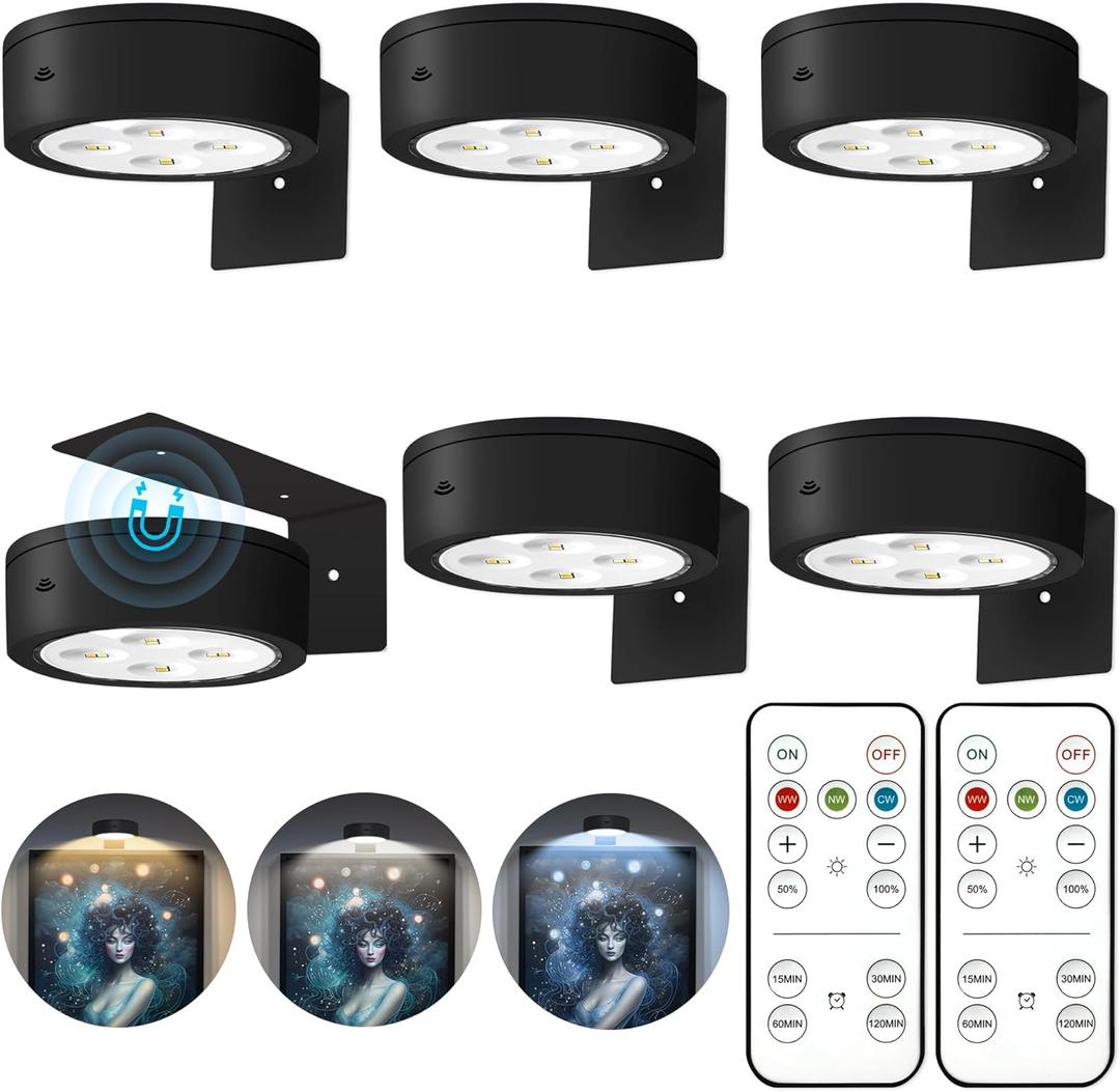 6Pcs Picture Lights for Wall Battery Operated, Magnetic Led Painting Light with Remote Dimmable and Timer, 3 Lighting Modes Art Display Light for Picture Frame, Wireless Wall Decor Puck Lights, Black