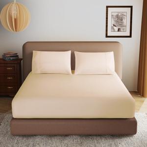 100% Egyptian Cotton Fitted Sheet Full Size, 600 Thread Count, Single Fitted Sheet Only,8”-16" Deep Pocket Sheet, Soft & Elastic Sateen Weave Bottom Sheet for Home(Beige, Full)
