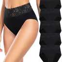 Wealurre Womens Underwear Cotton Bikini Panties for Women High Waisted Lace Hipster Stretch Briefs for Ladies 5 Pack(6005L,Black) Size L