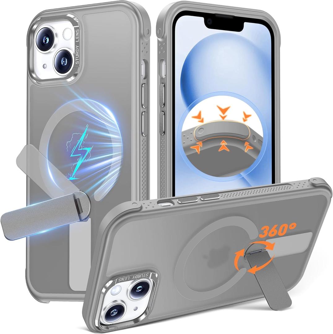 Anqrp 360 Rotatable Stand Magnetic Case for iPhone 14/13 with Adjustable Invisible Kickstand, [Compatible with Mag-Safe] [Mil-Grade Drop Protection] Translucent Matte Phone Case Cover 6.1" Gray