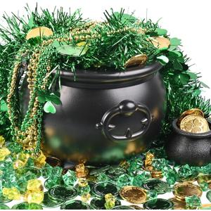 St Patrick's day Decorations Candy Cauldron Kettle Set with Lucky Shamrock Plastic Coins Shamrock Garlands for St Patty Decorations, St. Patricks Day Party Favor
