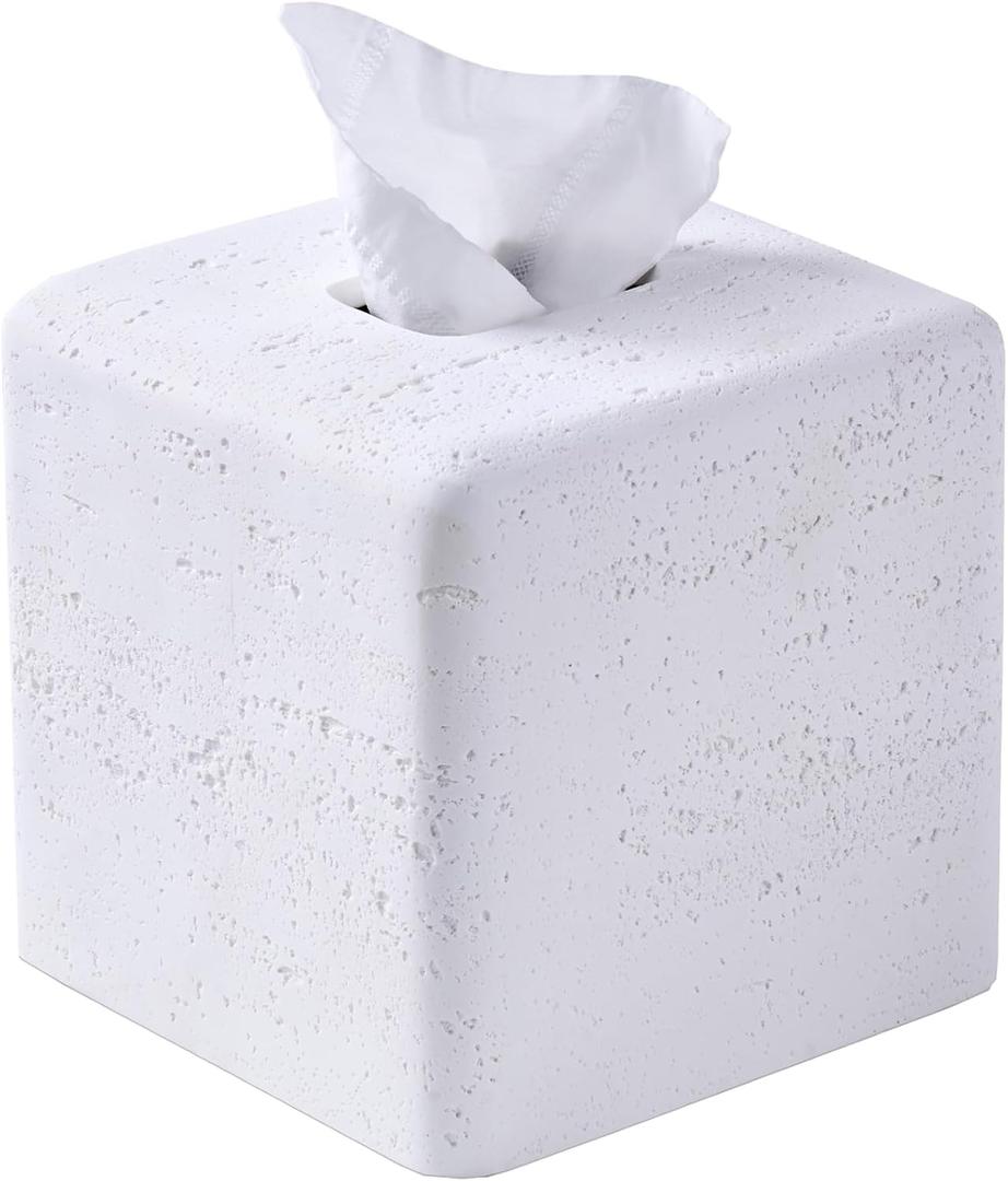 White Natural Travertine Textures Square Tissue Box Cover Holder, Resin Tissue Box Holder Decorative for Bathroom, Vanity, Kitchen Countertop, Bedroom Night Stands, Office Desk Top (Medium)