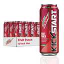 Mountain Dew Kickstart, Fruit Punch, 92mg Caffeine, Vitamins B & C, 80 Calories, 5% Juice, 16 fl oz (12 Count) BBD: 06-22-26