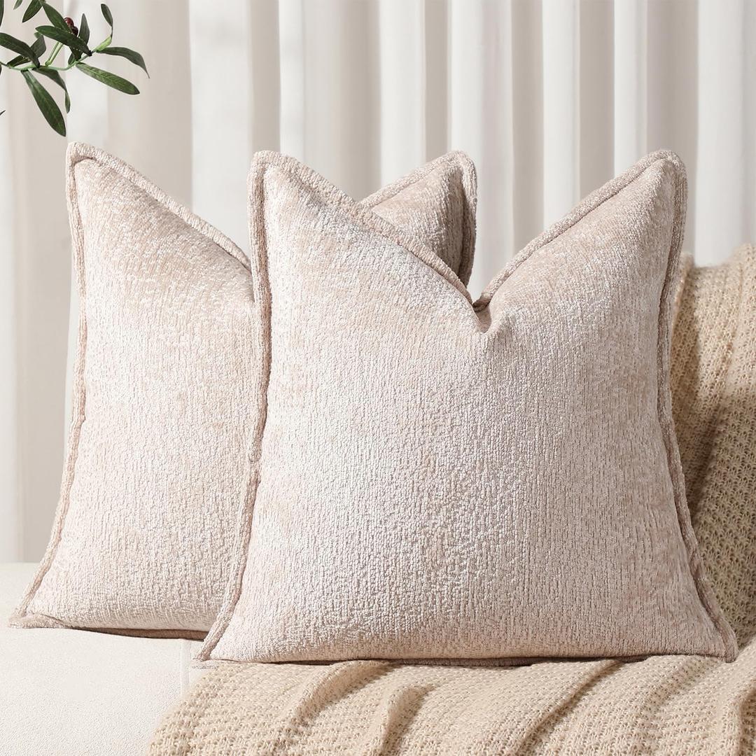 DEZENE Pack of 2 Tan Euro Shams Pillow Covers 26x26 Cozy Soft Chenille Decorative Throw Pillow Covers Accent Vintage Square Couch Pillow Covers for Home Decor Bed Sofa Living Room