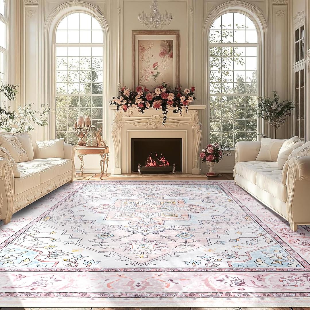8x10 Area Rug Pink - Soft Floral Living Room Rug, Non-Slip Oriental Washable Area Rug, Indoor Vintage Boho Rug for Nursery, Dining Room, Bedroom, Home Decor - Pink/Multi