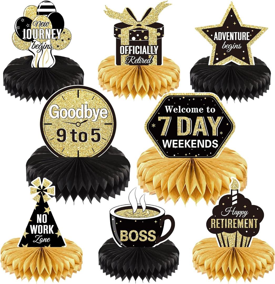 Chinco 8 Pieces Retirement Centerpiece Party Table Decorations Gold and Black Officially Happy Retirement Honeycomb Decorations for Men Women Party Supplies