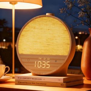 Vivilumens Wood Grain Sunrise Alarm Clock, Gentle Wake-Up Light Sound Machine, Dual Alarms for Heavy Sleepers, Natural Sounds, RGB Mood Light, Dimmable Bedside Night Lamp, Ideal for Bedroom & Gifts