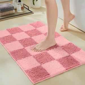 Ohocut Luxury Microfiber Checkered Bathroom Rugs, Checkerboard Bath Mat Girls Cute Aesthetic Preppy Bath Decor for Bathroom, Tub, Sink, Shower, Anti Slip, Absorbent, Washable, Coral, 32x20