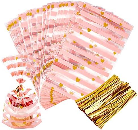 JOERSH 100 Pack Pink Cellophane Treat Bags 8.1" x 5" Bottom Gusset Pink Plastic Candy Bags with Twist Ties for Valentine, Birthday, Gift Goodie Cookie Snack Party Favor Supplies