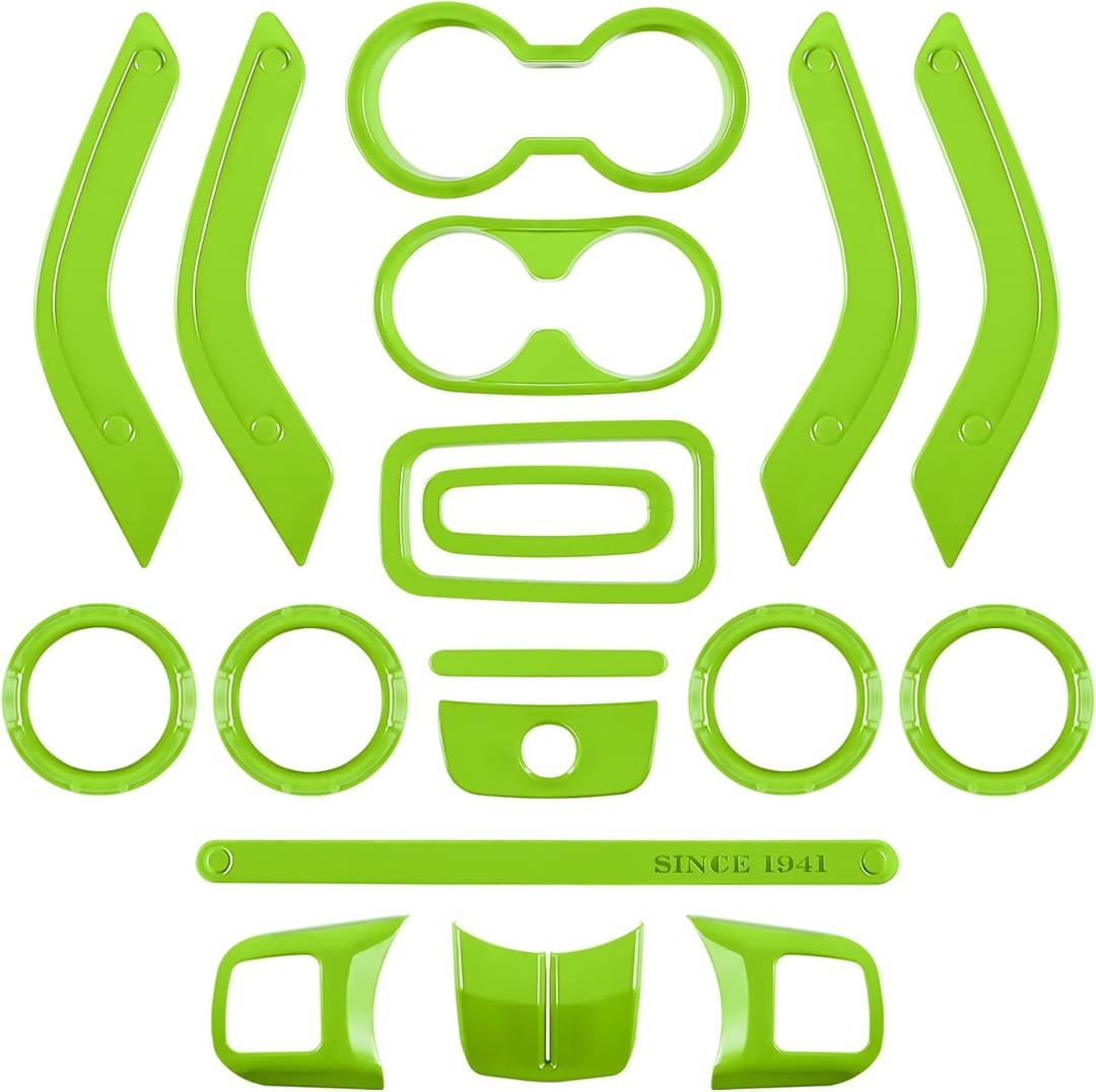 E-cowlboy 18 PCS Full Set Interior Decoration Trim Kit Steering Wheel Center Console Door Handle Air Conditioning Vent Cup Holder Gear Cover Trim for Jeep Wrangler JK JKU 2011-2018 4-Door (Green)
