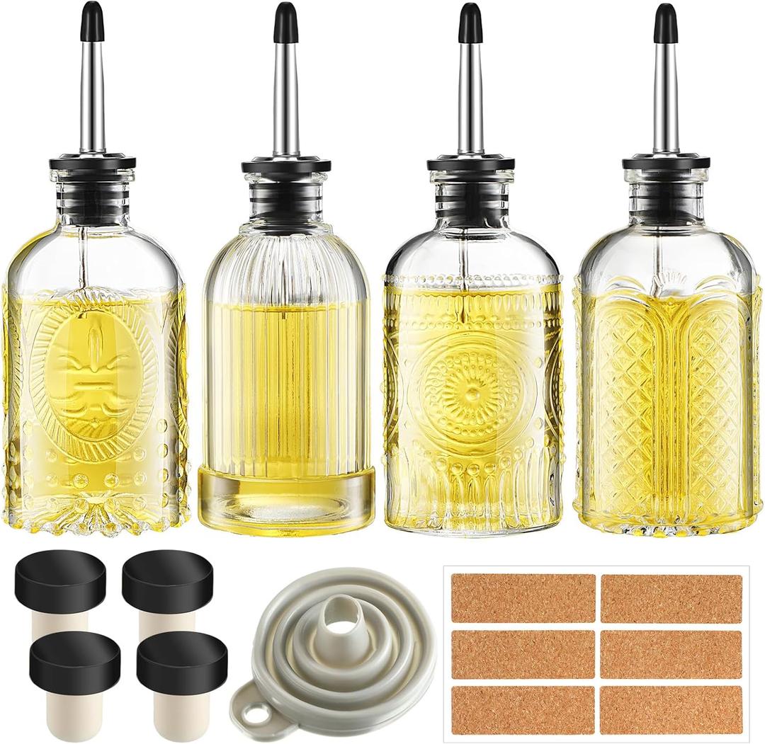 Baderke 4 Pcs Olive Oil Dispenser Bottle for Kitchen with Metal Spout, Vinegar Glass Oil Bottles 7 Oz/200 ML, Glass Cooking Dispenser for Kitchen