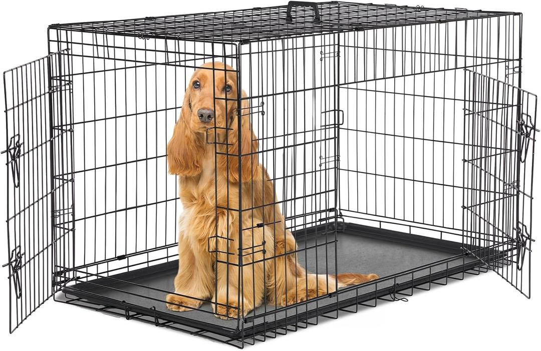 Sweetcrispy 48 Inch Dog Crate, Medium Large Crates Double Door Folding Metal Wire Dog Cage with Plastic Leak-Proof Pan Tray, Pet Kennel for Indoor, Outdoor, Travel,  48.8" x 29.9"
