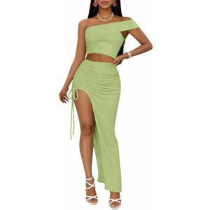 Sexy 2 Piece Maxi Skirt Sets for Women Off Shoulder Crop Top Bodycon High Slit Skirt Beach Dresses Summer Outfits (Green, M)
