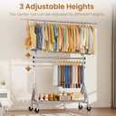 Heavy Duty Clothes Rack for Hanging Clothes, Double Rods Clothing Rack with Lockable Wheels, Rolling Garment Racks with Shelf, Easy to Assemble, Silver