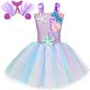 Summer 3 Colors Mermaid Tutu Dress for Girls with Headband Birthday Party Dresses Dress Up Clothes 7-8 Years