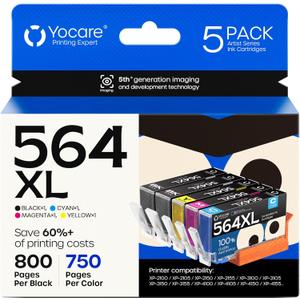 564XL High-Yield Ink Cartridges (5-Pack)| Replacement for HP 564 Combo Pack | Compatible with Photosmart 5520 6520 7510 7520 DeskJet 3520 Premium C309A C410A Printer (BK/PGBK/C/M/Y)