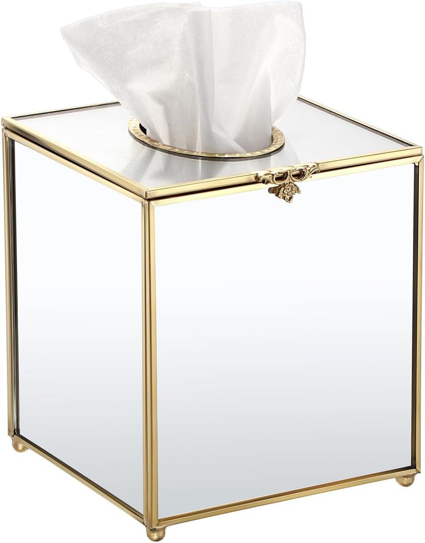 Sumnacon Square Glass Tissue Box Cover with Lid, Mirrored Cube Tissue Box Holder for Bathroom Home Office, Gorgeous Gold Facial Tissue Dispenser for Dresser Vanity Countertop Night Stand