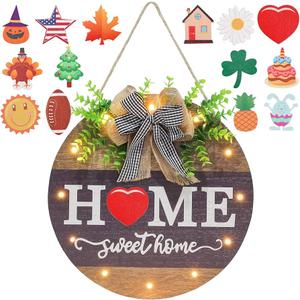 Interchangeable Welcome Sign for Front Door with 4 Seasonal Wreaths and 14 Changeable Icons, Farmhouse Front Door Signs, Door Decoration Porch Decor, Seasonal Wooden Home Sign home décor (Wood)