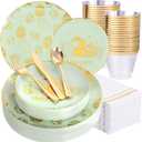 Festiva 175Pcs Easter Plates and Napkins Disposable - Green and Gold Plastic Dinnerware Set for 50 guests include 50 Plates 25Cups 25Plastic Silverware 25Napkins Perfect for Easter Party (Bunny)