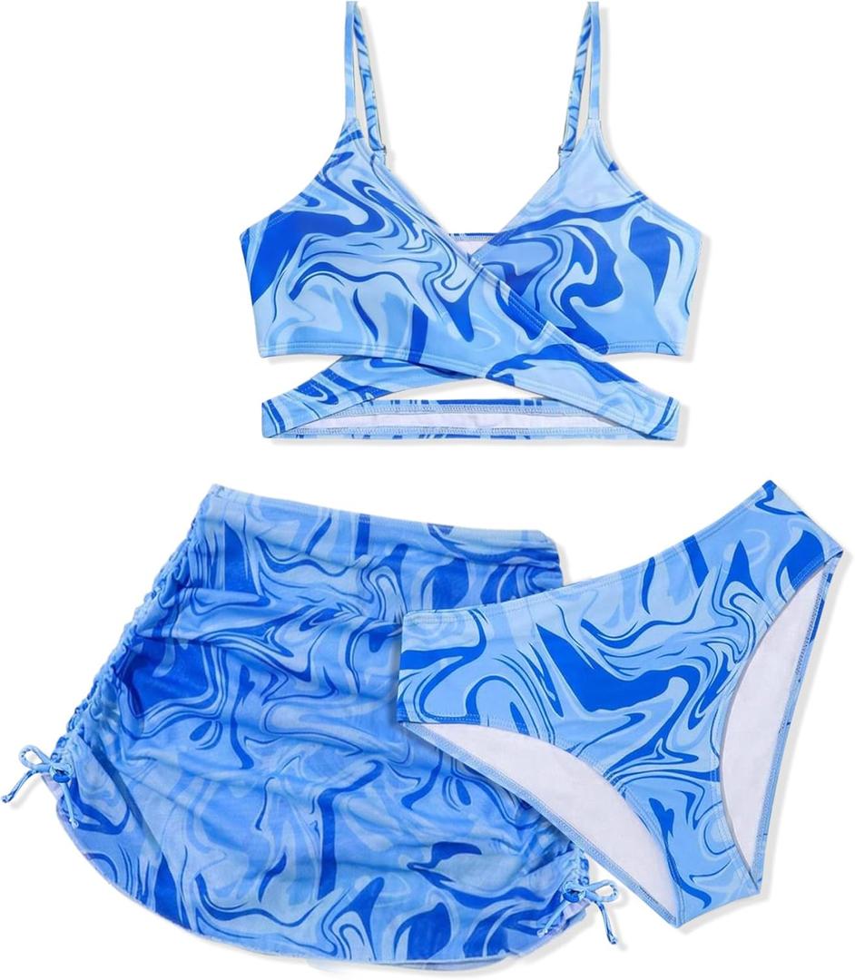 Girls Swimsuits 3 Piece Bathing Suit Allover Printed Criss Cross Bikini Set with Cover Up Skirt Beach Swimwear 7-16 Years (Blue)