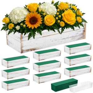 Dandat 10 Set Wood Boxes for Centerpieces 12x4 Inch Rectangle Wooden Planter Box Rustic Wooden Planters with Removable Plastic Liner Floral Foam Blocks for Christmas Wedding Home Garden Decor(White)