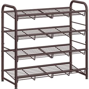 SONGMICS Stackable Shoe Rack, 4 Tier Metal Shoes Rack Storage Shelf, Holds up to 16 Pairs Shoes, Adjustable Slanted Shelves Tower Organizer for Closet Entryway Small Spaces, Bronze