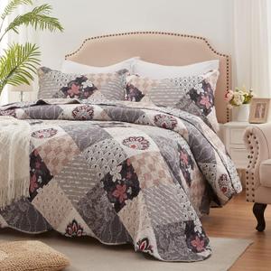 King Size Quilt Set 3 Pieces Lightweight Reversible Bedspread-98''x106'' Soft Patchwork Floral Coverlet Luxurious Warm Microfiber Bed Cover All Seasons Gray Bedding Set(1 Quilt,2 Pillow Shams)