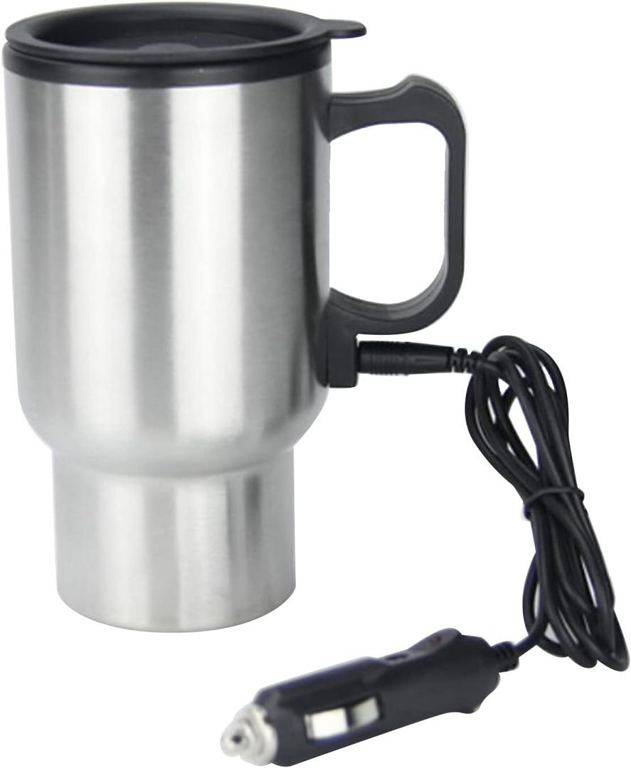 12V Car Heating Cup, 450ml/15oz Stainless Steel Travel Coffee Cup Electric Insulated Heated Thermos Mug with Cigarette Lighter for Most Vehicles