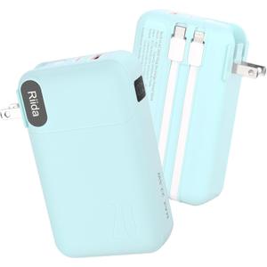Portable Charger 20000mah with Built in Cables and AC Wall Plug, 22.5W Fast Charging Power Bank with LED display, 4 Outputs 3A Travel Battery Pack for iPhone 16/15/14/13, Samsung, Android, iPad(Green)