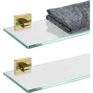 JQK Bathroom Glass Shelf, Floating Tempered Glass Shower Storage 12 by 5 inches, 304 Stainless Steel Brushed Gold Wall Mount 2 Pack, TGS201L12-BG-P2