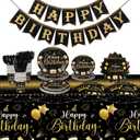 Vesici 171 Pcs Happy Birthday Party Supplies 24 Set Disposable Party Tableware include Plates Cups Napkins Cutlery and Banner Tablecloth Birthday Dinner Decorations for Men Woman(Black, Gold)