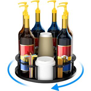 Coffee Syrup Organizer 8 Bottles, Rotating Coffee Syrup Rack for Countertop Coffee Bar Organizer, Syrup Holder Stand for Coffee Syrup Dispenser,Stirrers,Cup and Lid, Wine Display,Coffee Station