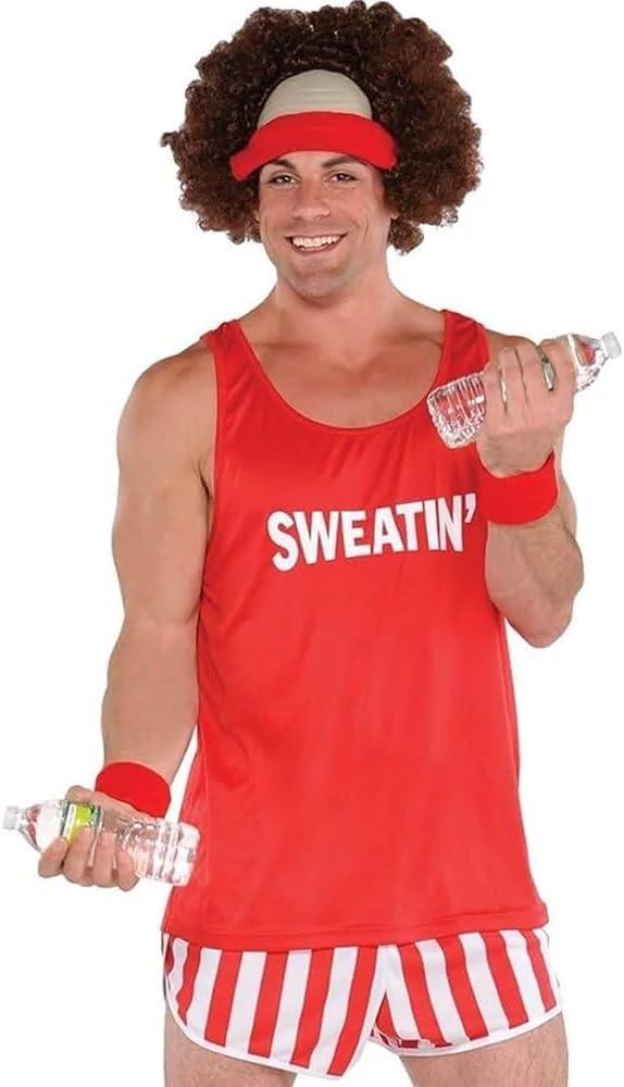 Red Fitness Instructor Costume Set - Adult Standard Size Workout Outfit (Includes Red Wig, Headband and Wristbands) - Ideal for Costume Parties, Gym Workout Sessions, Fitness Events & More, Pack of 3