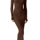 QINSEN Women's Long Maxi Dress Square Neck Long Sleeve Ribbed Bodycon Lounge Dresses, Large