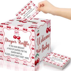 Teling 51 Pieces Diaper Raffle Tickets with Card Box Baby Shower Decorations Gender Reveal Holder Box for Girl Boy Diaper Raffle Party (Cherry Theme Pattern)